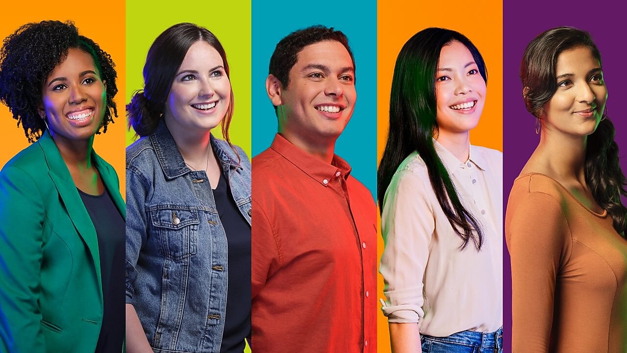 Young female with blonde hair, with a mosaic of images surrounding her.