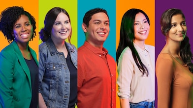 Young female with blonde hair, with a mosaic of images surrounding her.