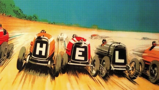Vintage illustration of racing cars spelling the word Shell
