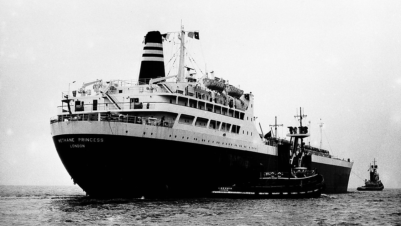 Black and white photo of SS Methane Princess in sea