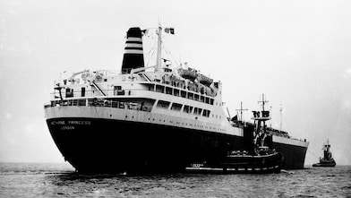 Black and white photo of SS Methane Princess in sea