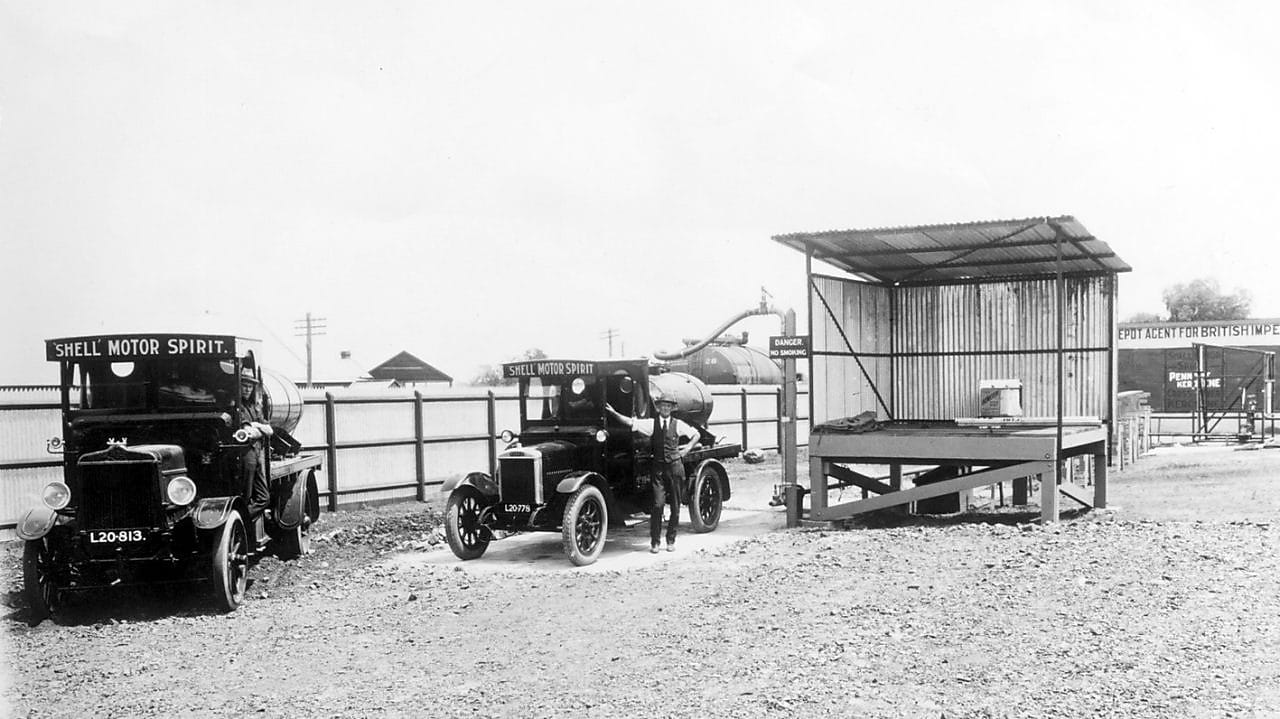 Black and White photo of Shell Motor Spirit vehicles