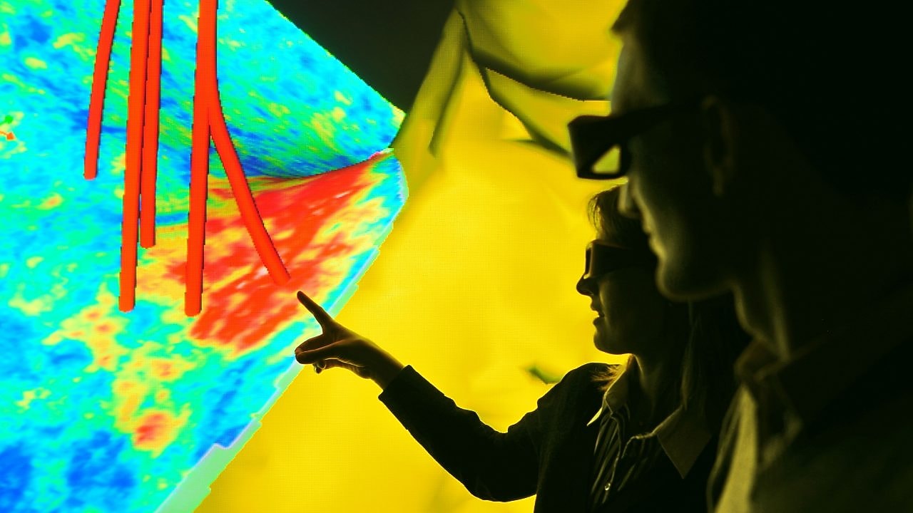 Seismic image displaying well trajectories showing how different sources of subsurface data can be integrated