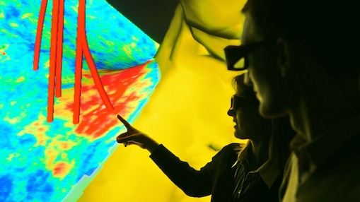 Seismic image displaying well trajectories showing how different sources of subsurface data can be integrated