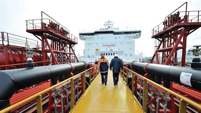 Ship full of containers at sea in Hamburg, Germany