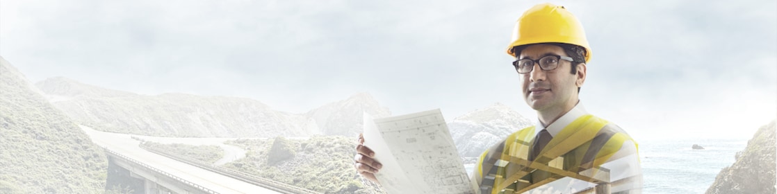 Lubricants for construction engineer in a yellow hard hat for shell construction lubricants page