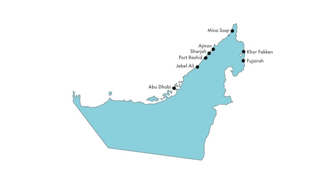 Map of the UAE with 8 Ports that we are available in