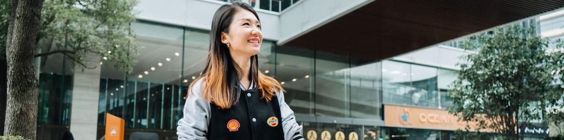 Shell employee Amanda Cheng walking outside the Shanghai office.