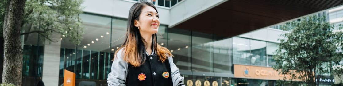 Shell employee Amanda Cheng walking outside the Shanghai office.