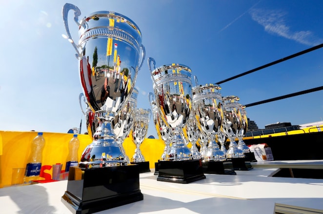The cups for the winners shine, just before the award ceremony, of the Shell Eco-marathon Europe 2014, Sunday, May 18, 2014, at the Ahoy Center in Rotterdam, Netherlands.