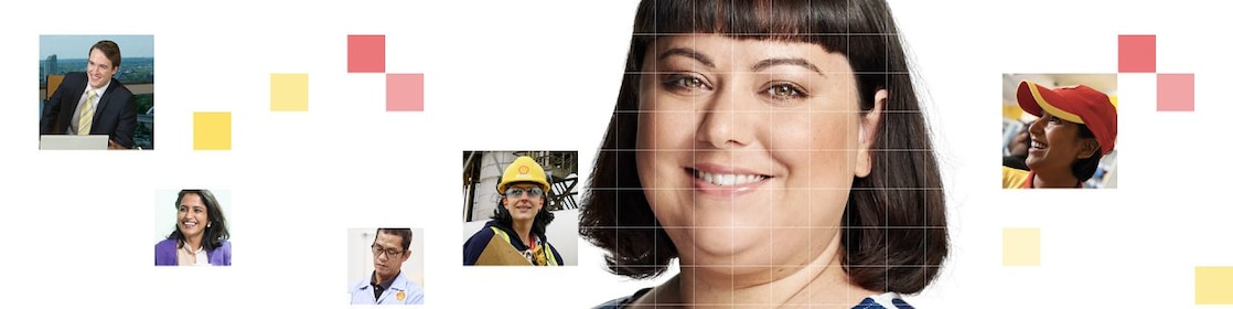 Female with dark brown hair wearing a white and blue top, with a mosaic of images surrounding her.