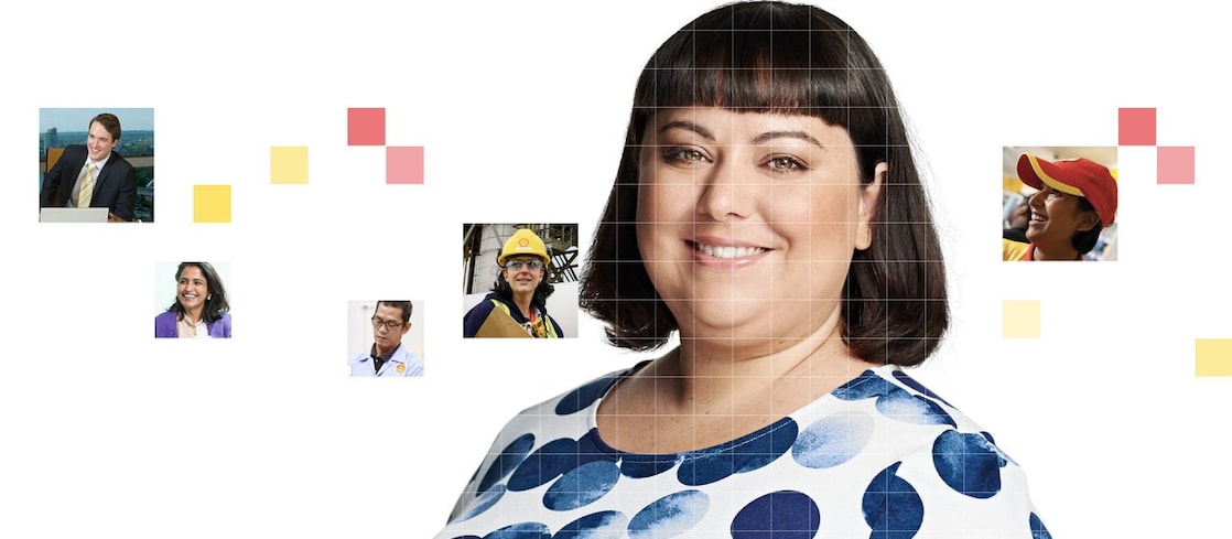 Female with dark brown hair wearing a white and blue top, with a mosaic of images surrounding her.