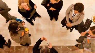 Aerial view of group of employees talking