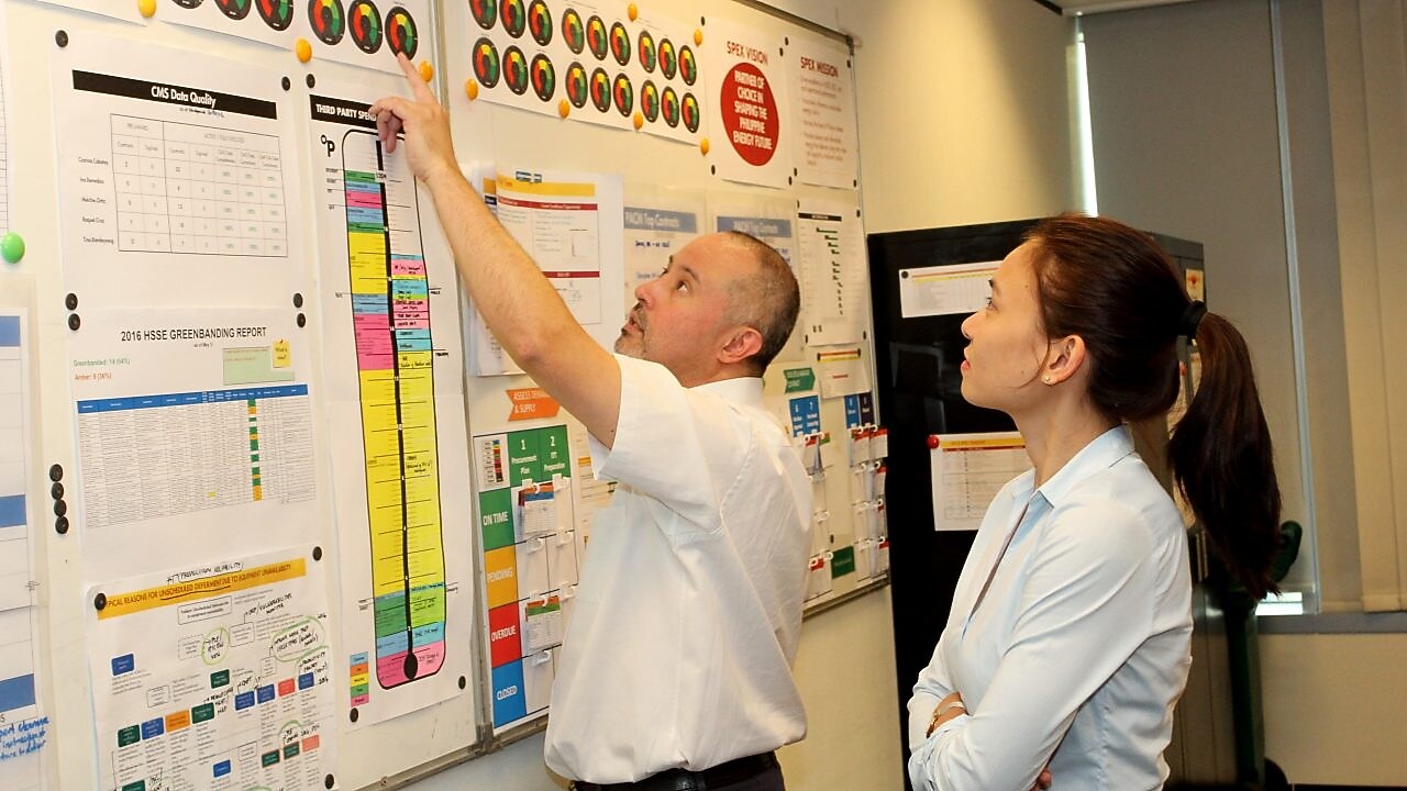 Shell mentor Scott Low with graduate Inah Felisse Margaja pointing to a diagram on the notice board