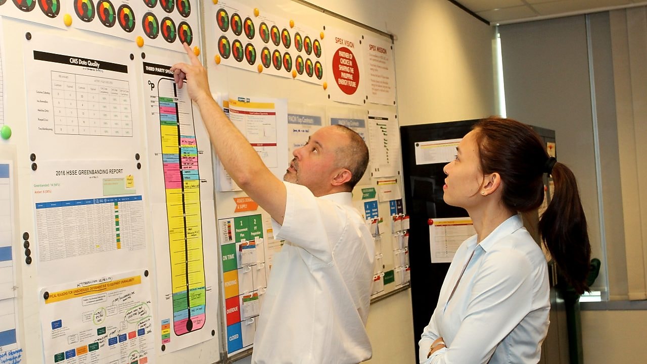 Shell mentor Scott Low with graduate Inah Felisse Margaja pointing to a diagram on the notice board