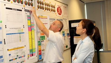 Shell mentor Scott Low with graduate Inah Felisse Margaja pointing to a diagram on the notice board