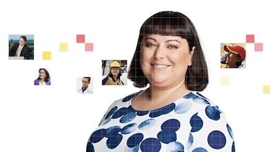 Female with dark brown hair wearing a white and blue top, with a mosaic of images surrounding her.