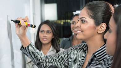 Business leader writing on whiteboard