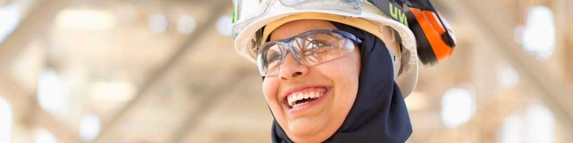 lady in red dress at work place