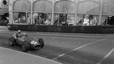 Maurice Trintignant driving his Ferrari Formula 1 car at the Monaco Grand Prix in 1955